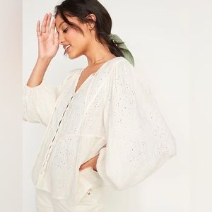 Embroidered Cutwork Tie-Neck Blouse